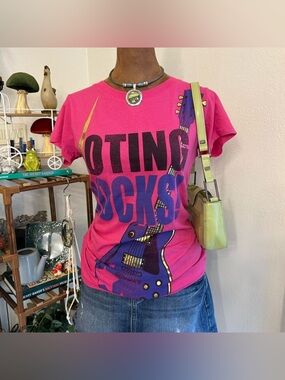 Rockstar Political Hot Pink Voting Rocks Graphic Tee w Purple Guitar by Ransom